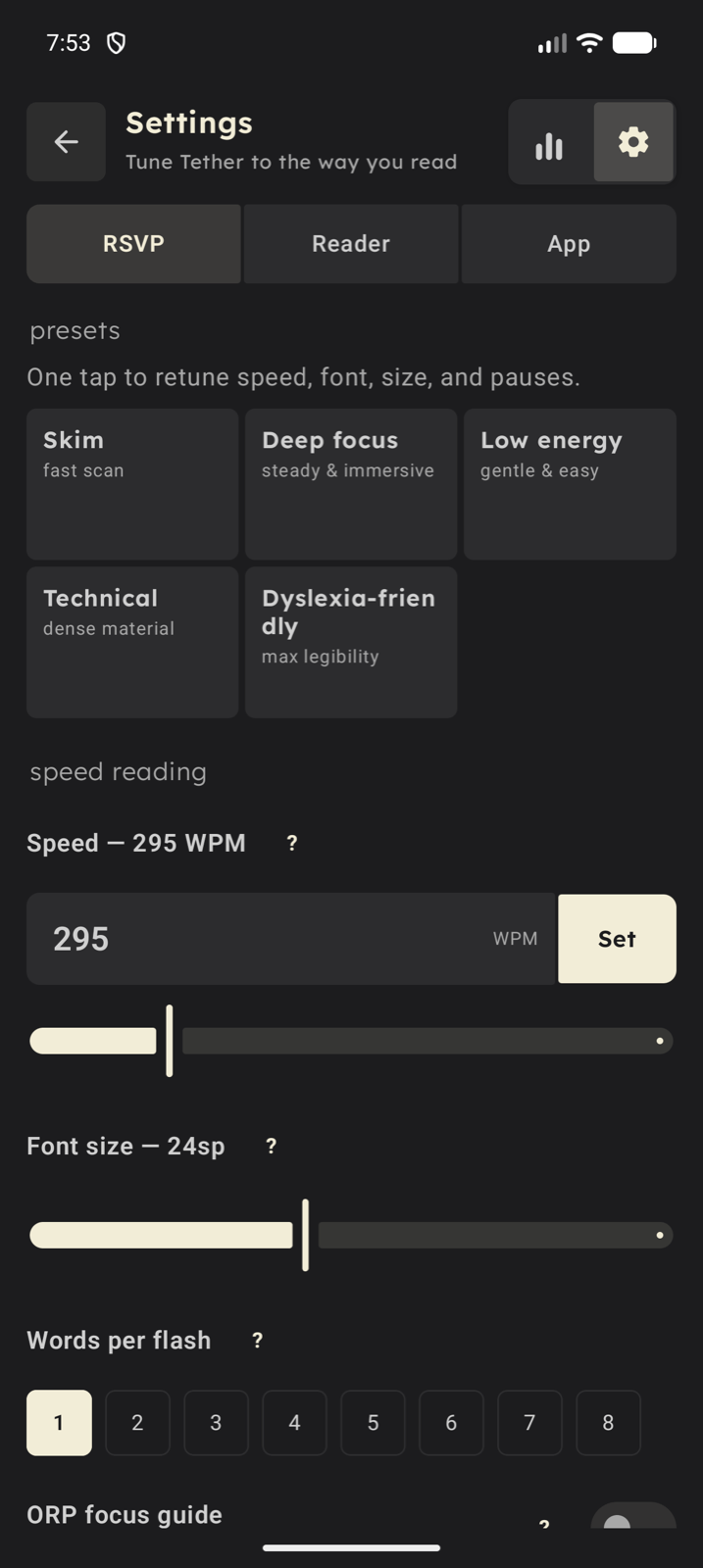 Tether RSVP settings with reading presets, speed, text size, and words per flash controls